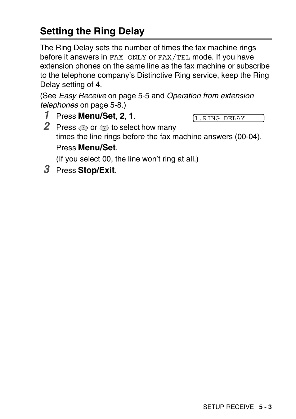 Setting the ring delay | Brother FAX-565 User Manual | Page 55 / 148