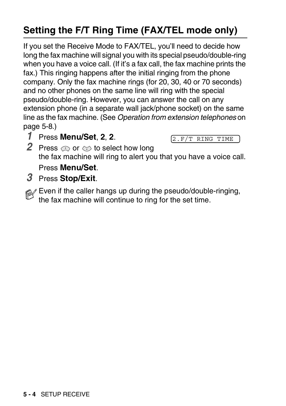 Setting the f/t ring time (fax/tel mode only) | Brother FAX-565 User Manual | Page 56 / 148