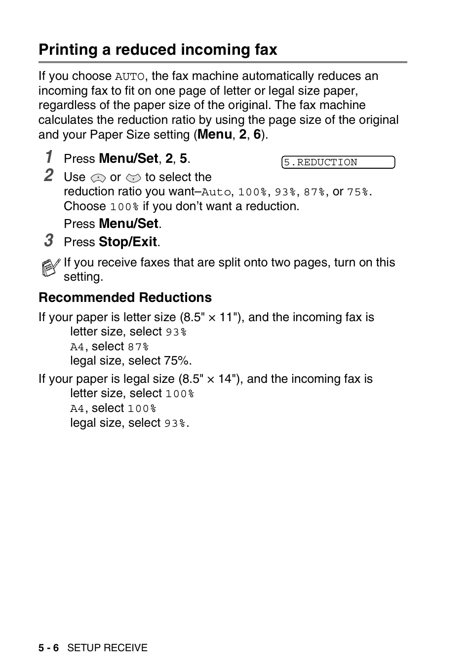 Printing a reduced incoming fax, Recommended reductions | Brother FAX-565 User Manual | Page 58 / 148