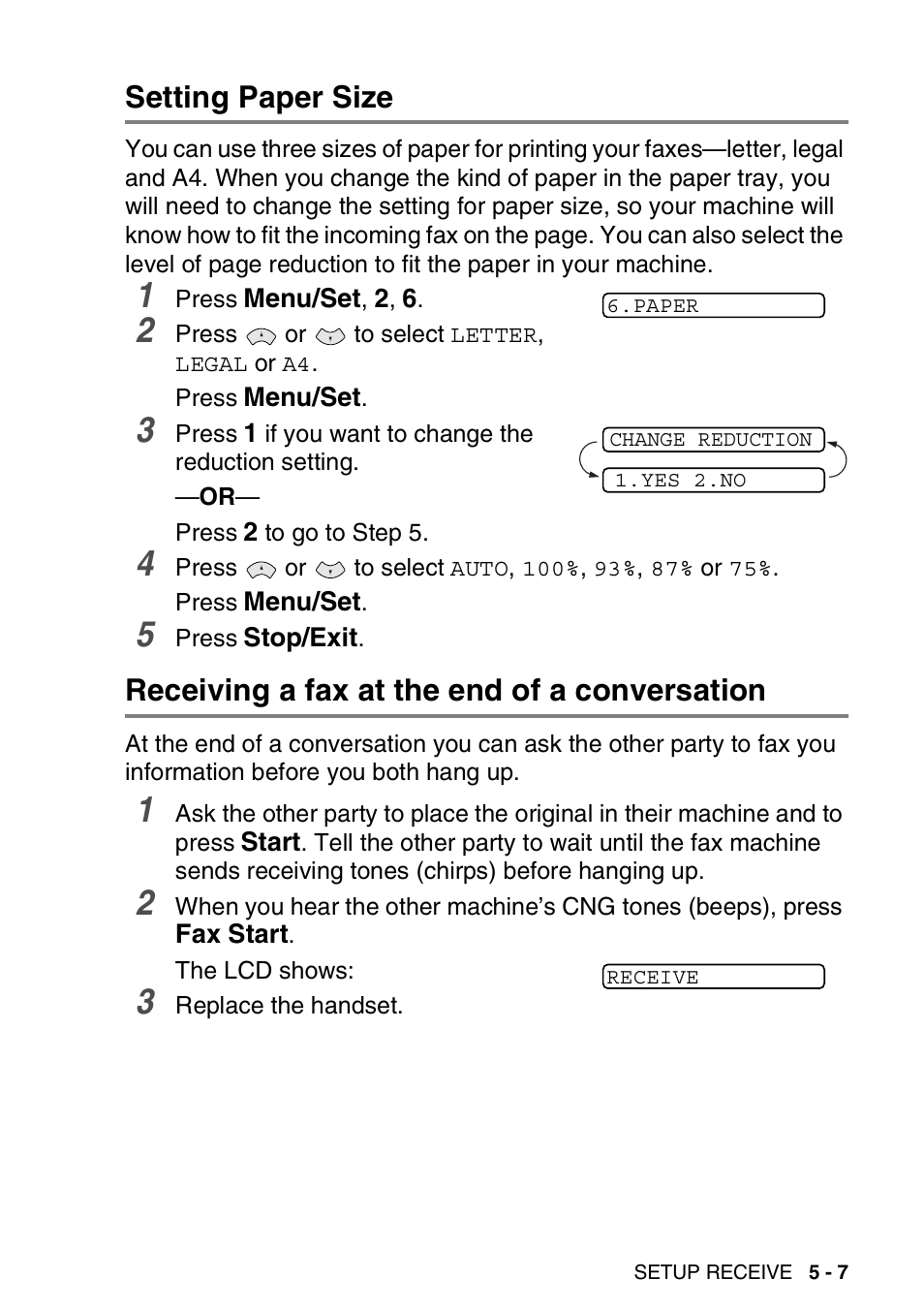 Setting paper size, Receiving a fax at the end of a conversation | Brother FAX-565 User Manual | Page 59 / 148