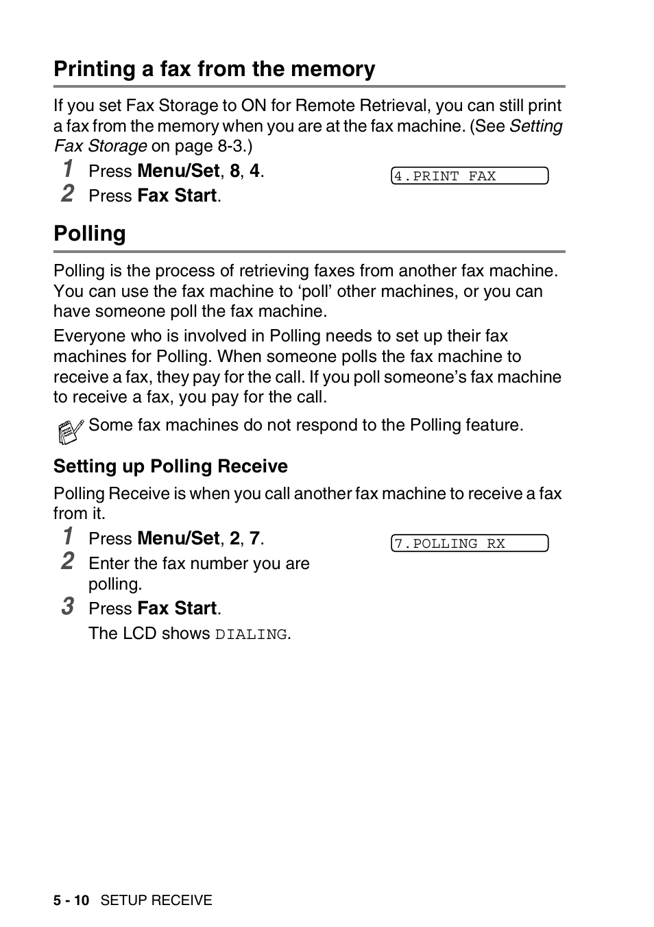 Printing a fax from the memory, Polling, Setting up polling receive | Brother FAX-565 User Manual | Page 62 / 148