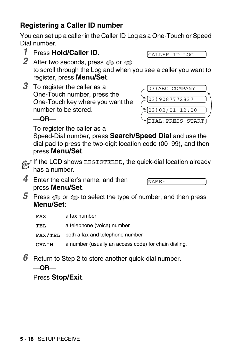 Registering a caller id number | Brother FAX-565 User Manual | Page 70 / 148