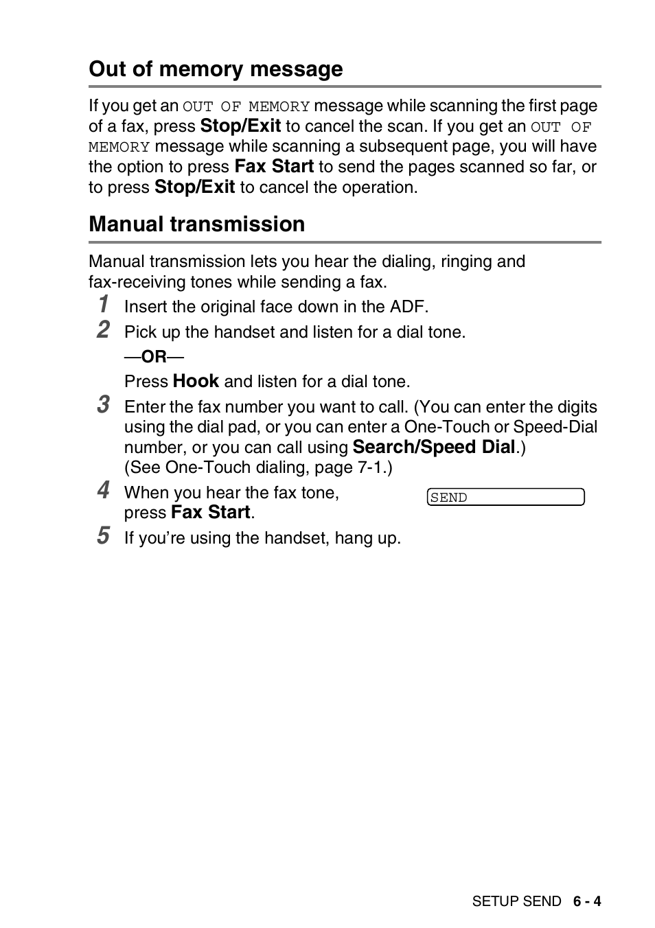 Out of memory message, Manual transmission | Brother FAX-565 User Manual | Page 75 / 148