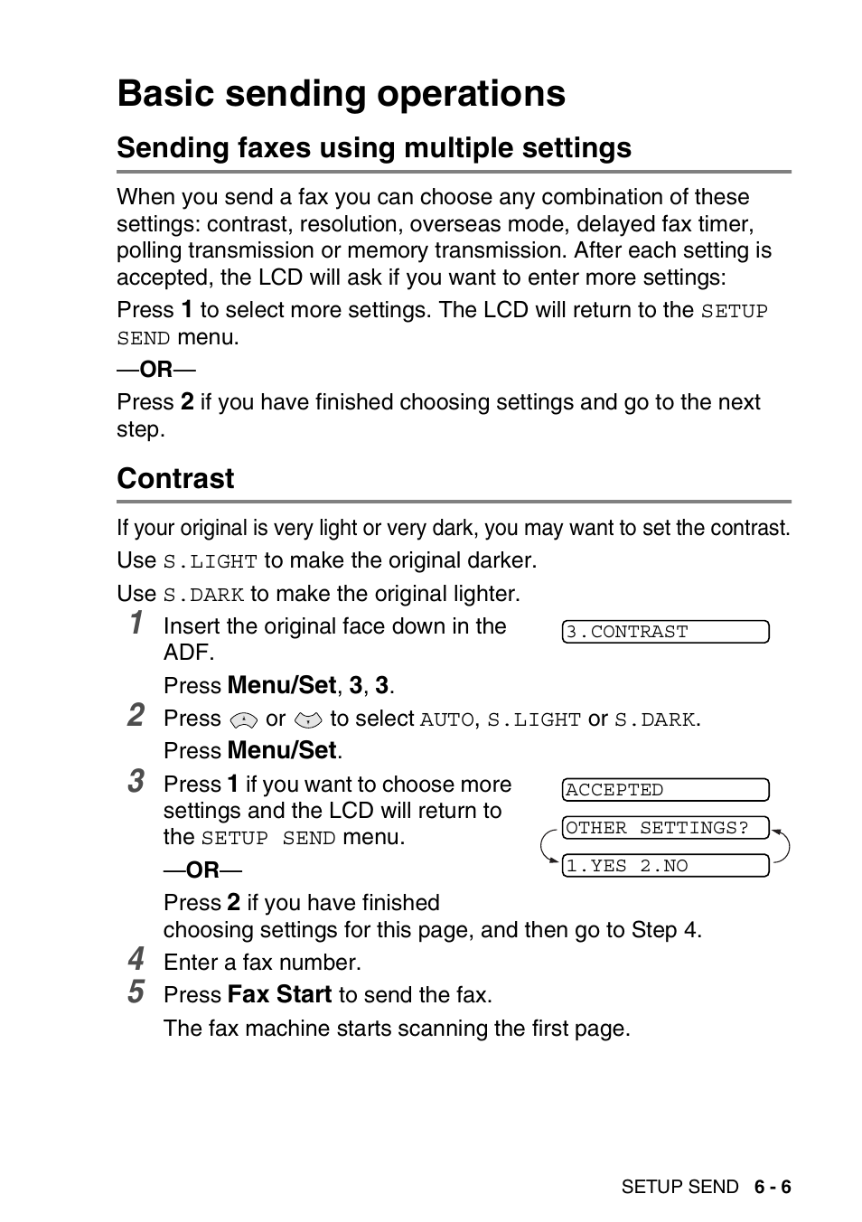 Basic sending operations, Sending faxes using multiple settings, Contrast | Brother FAX-565 User Manual | Page 77 / 148