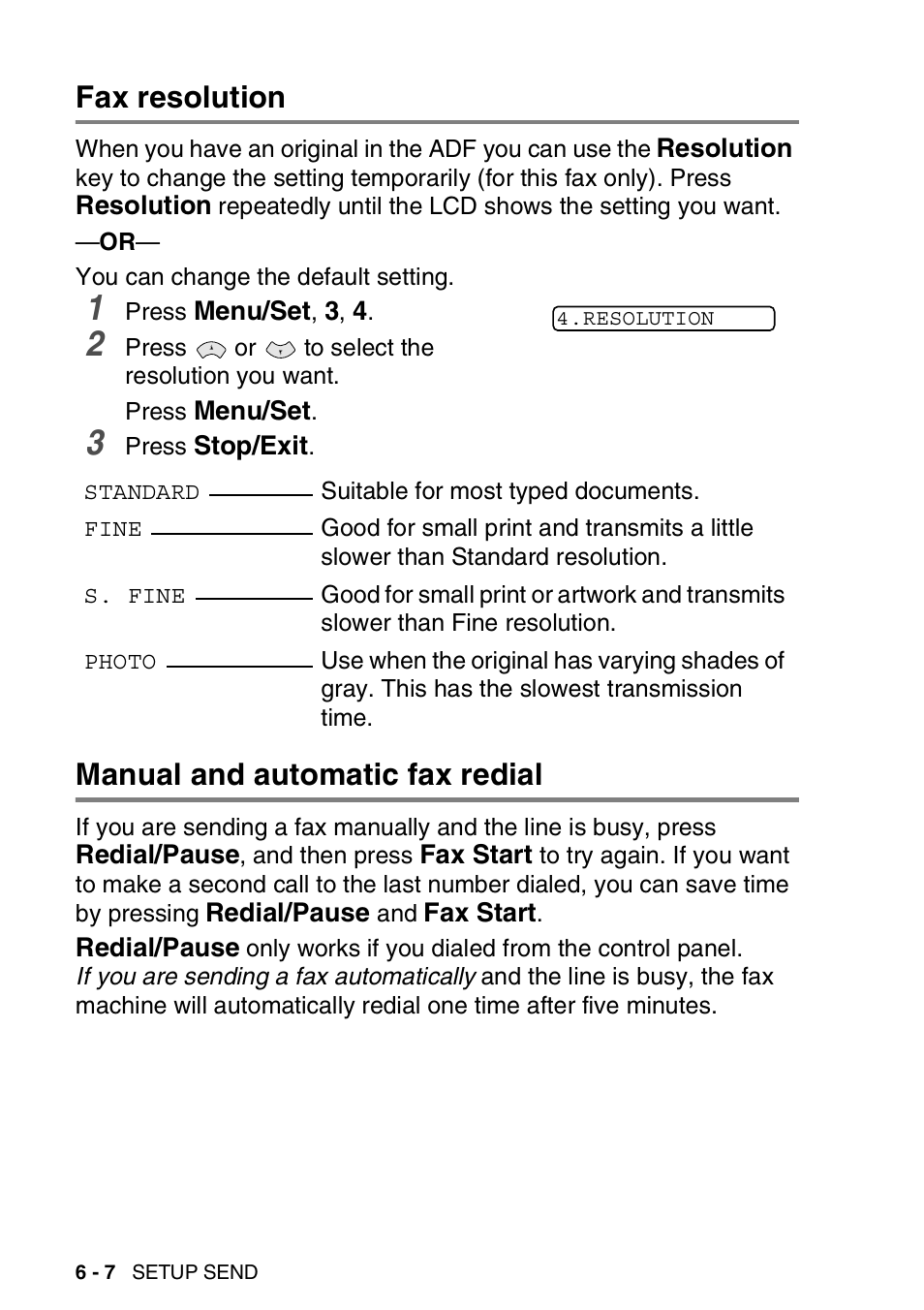 Fax resolution, Manual and automatic fax redial | Brother FAX-565 User Manual | Page 78 / 148