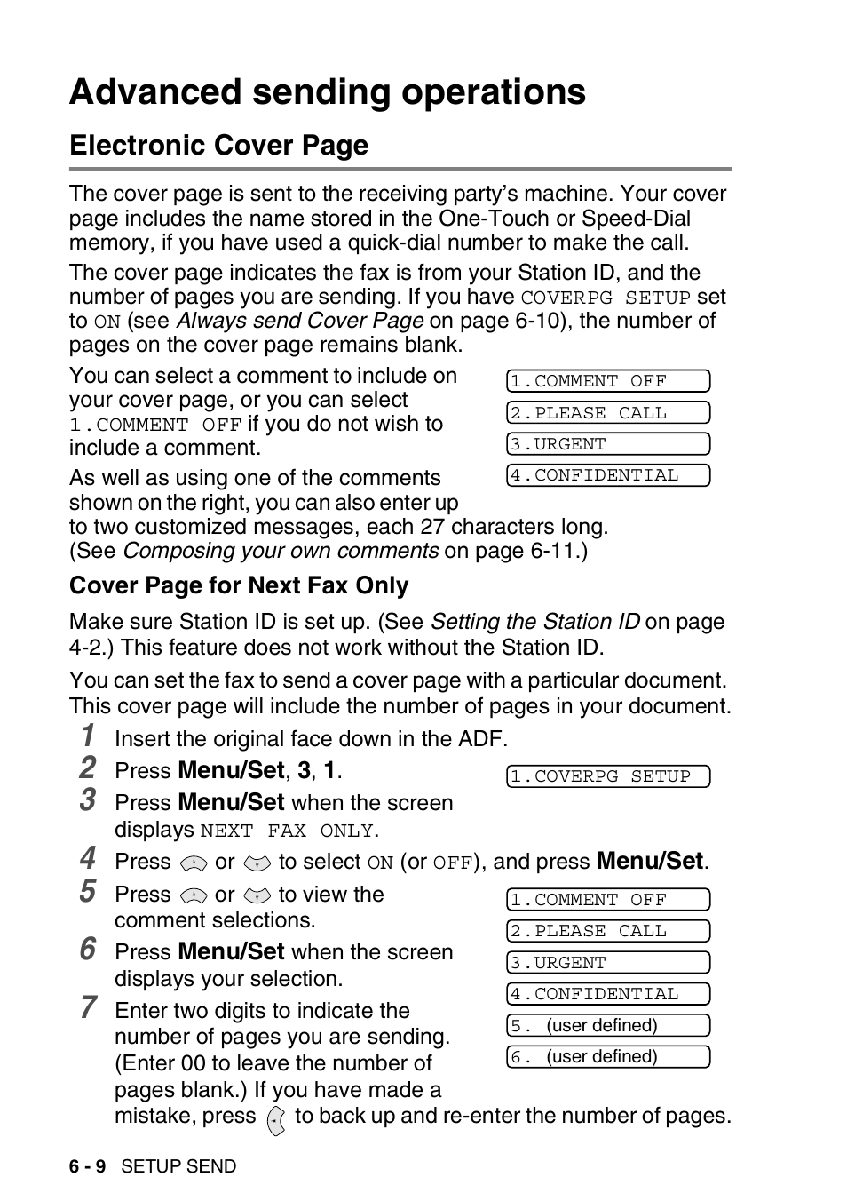 Advanced sending operations, Electronic cover page | Brother FAX-565 User Manual | Page 80 / 148