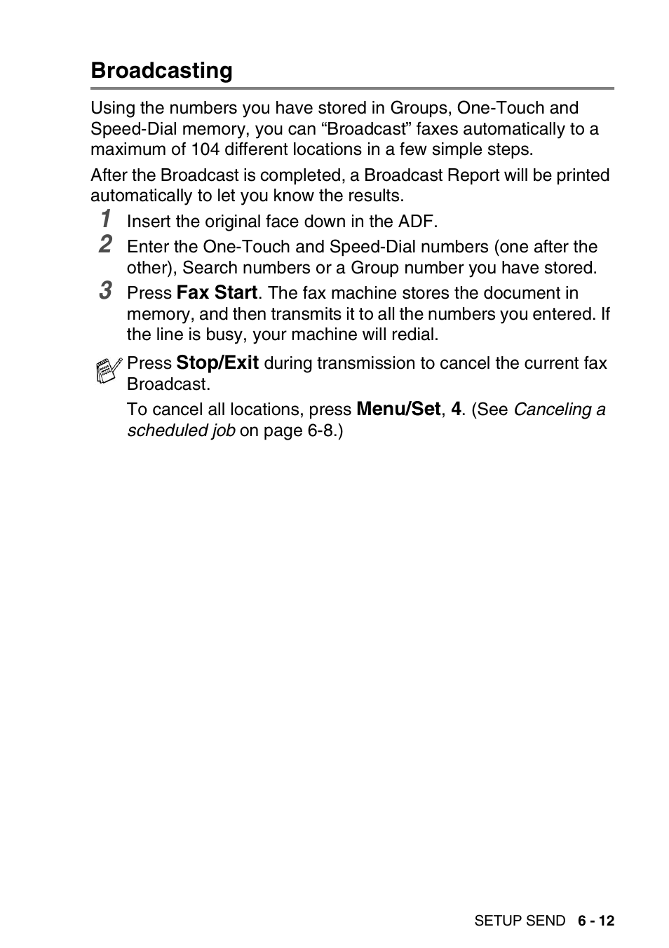 Broadcasting, Broadcasting -12 | Brother FAX-565 User Manual | Page 83 / 148