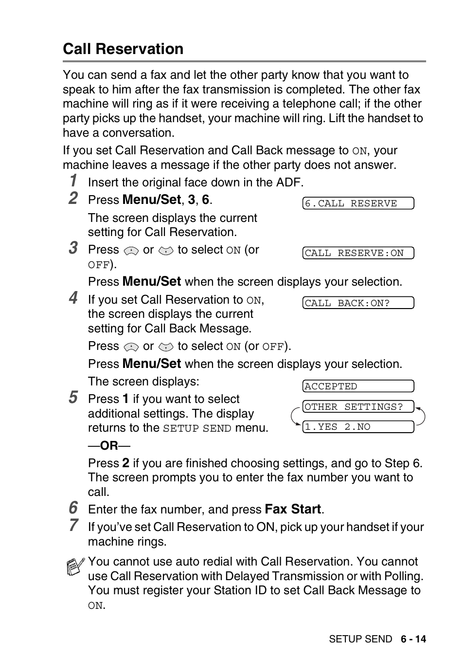 Call reservation, Call reservation -14 | Brother FAX-565 User Manual | Page 85 / 148