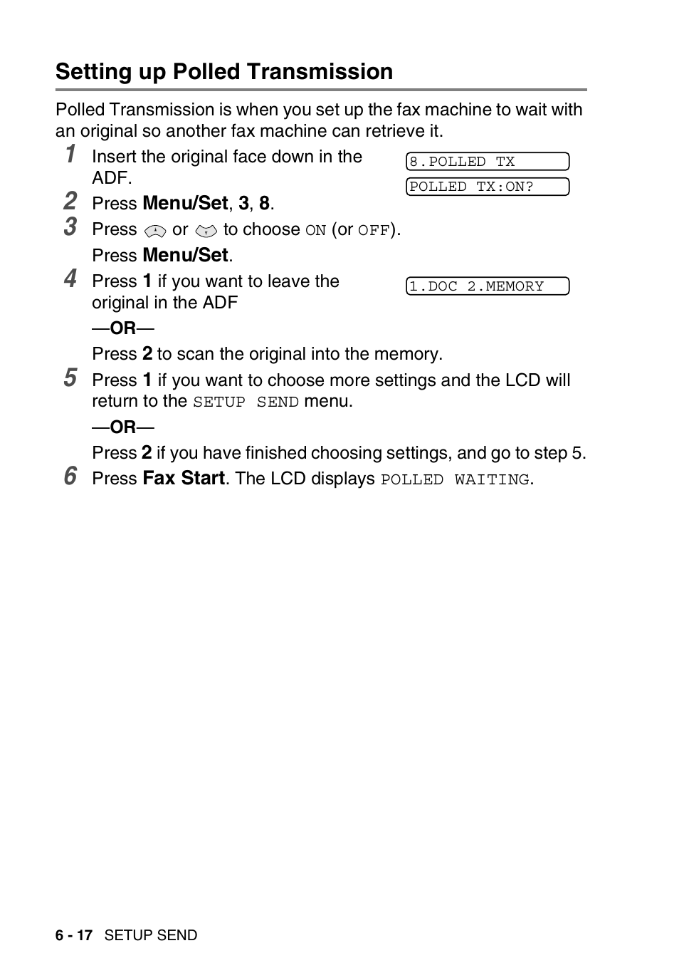 Setting up polled transmission, Setting up polled transmission -17 | Brother FAX-565 User Manual | Page 88 / 148