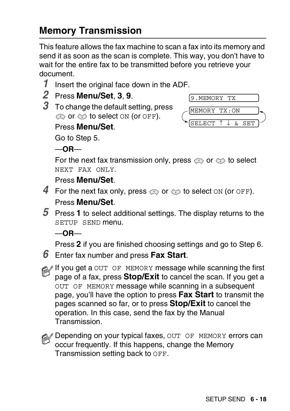 Memory transmission, Memory transmission -18 | Brother FAX-565 User Manual | Page 89 / 148