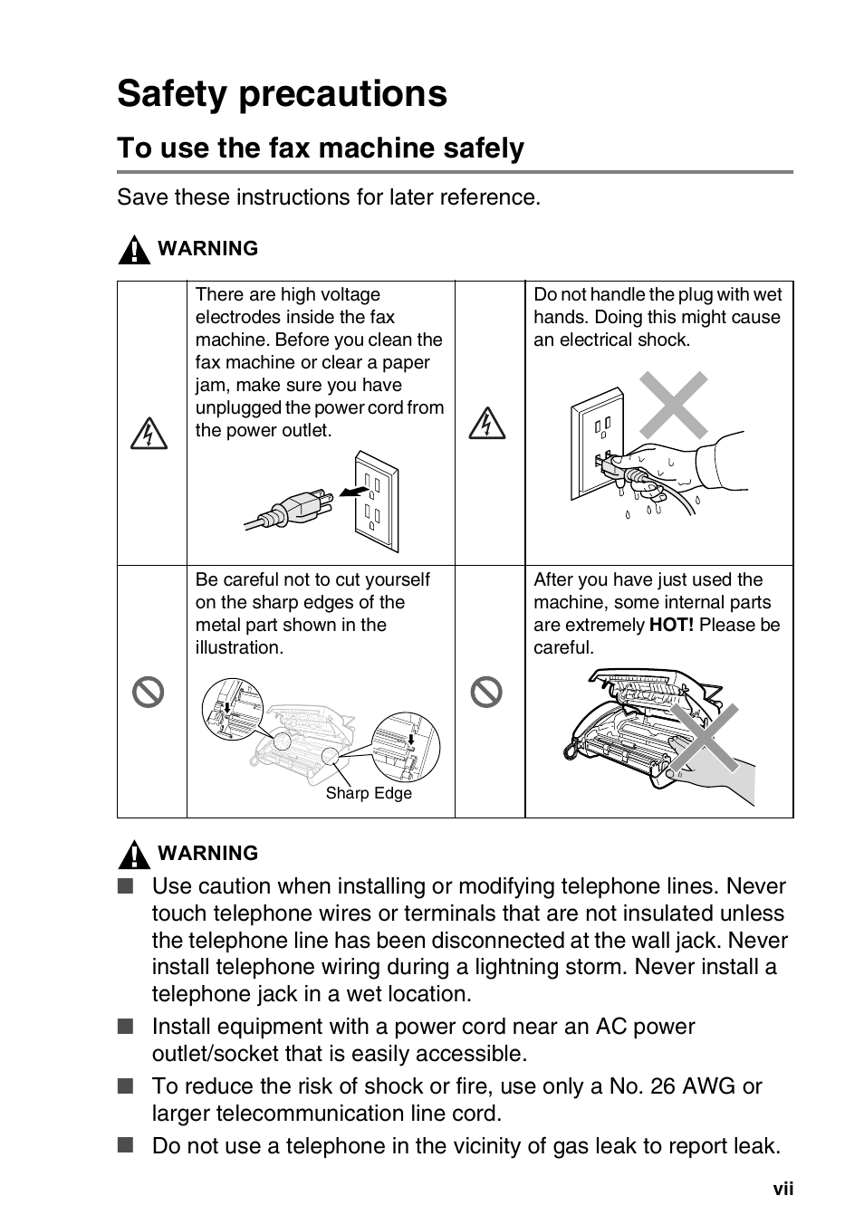 Safety precautions, To use the fax machine safely | Brother FAX-565 User Manual | Page 9 / 148