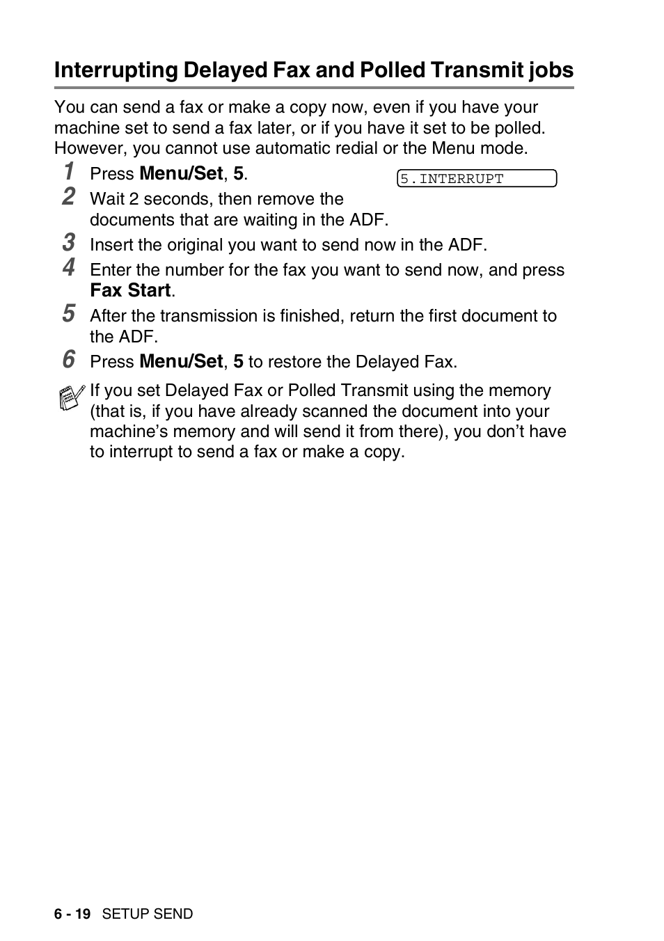 Interrupting delayed fax and polled transmit jobs | Brother FAX-565 User Manual | Page 90 / 148