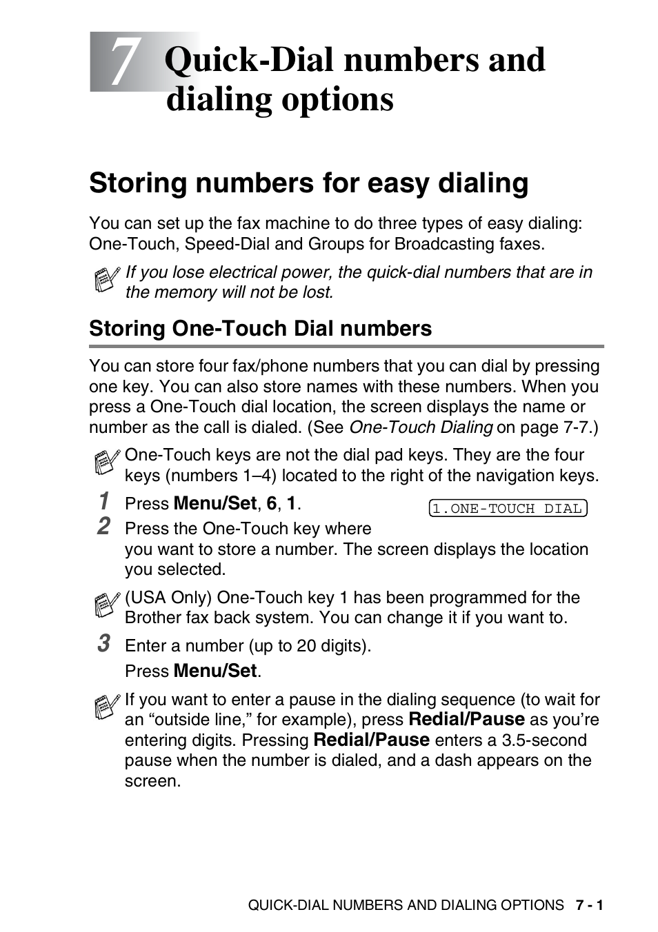 Quick-dial numbers and dialing options, Storing numbers for easy dialing, Storing one-touch dial numbers | Quick-dial numbers and dialing options -1, Storing numbers for easy dialing -1, Storing one-touch dial numbers -1 | Brother FAX-565 User Manual | Page 91 / 148