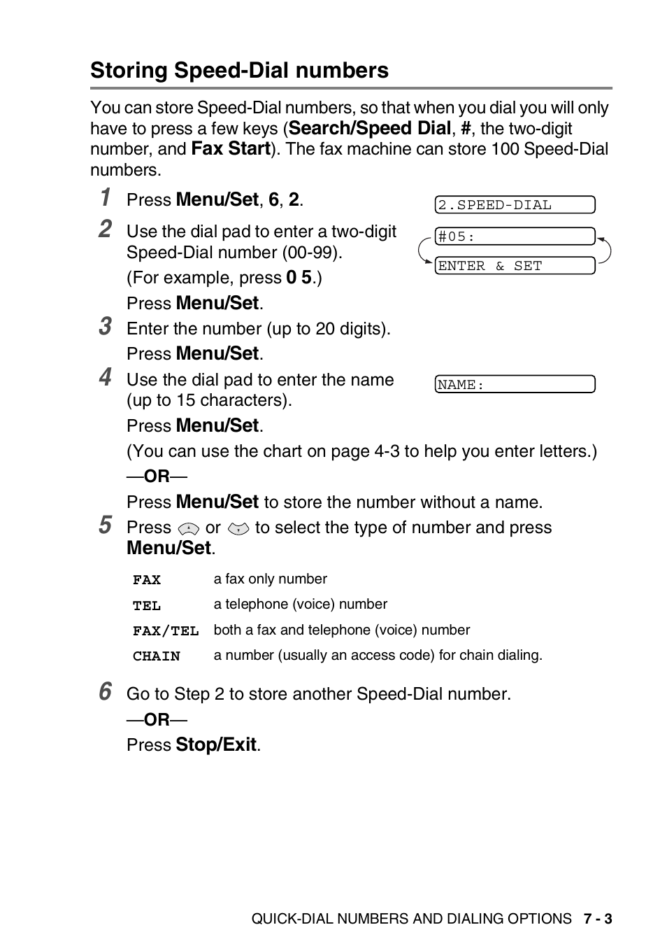 Storing speed-dial numbers, Storing speed-dial numbers -3 | Brother FAX-565 User Manual | Page 93 / 148