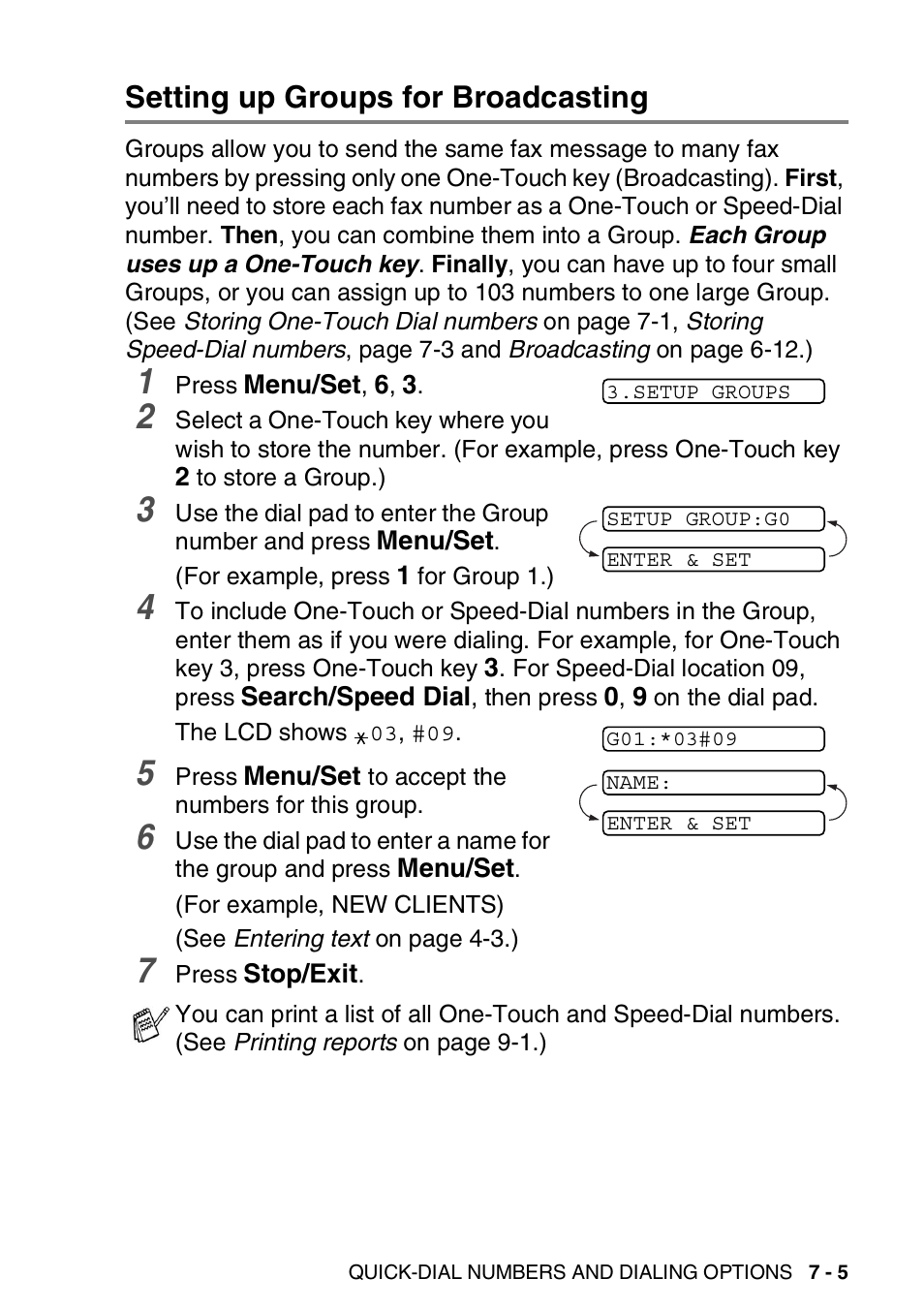 Setting up groups for broadcasting, Setting up groups for broadcasting -5 | Brother FAX-565 User Manual | Page 95 / 148