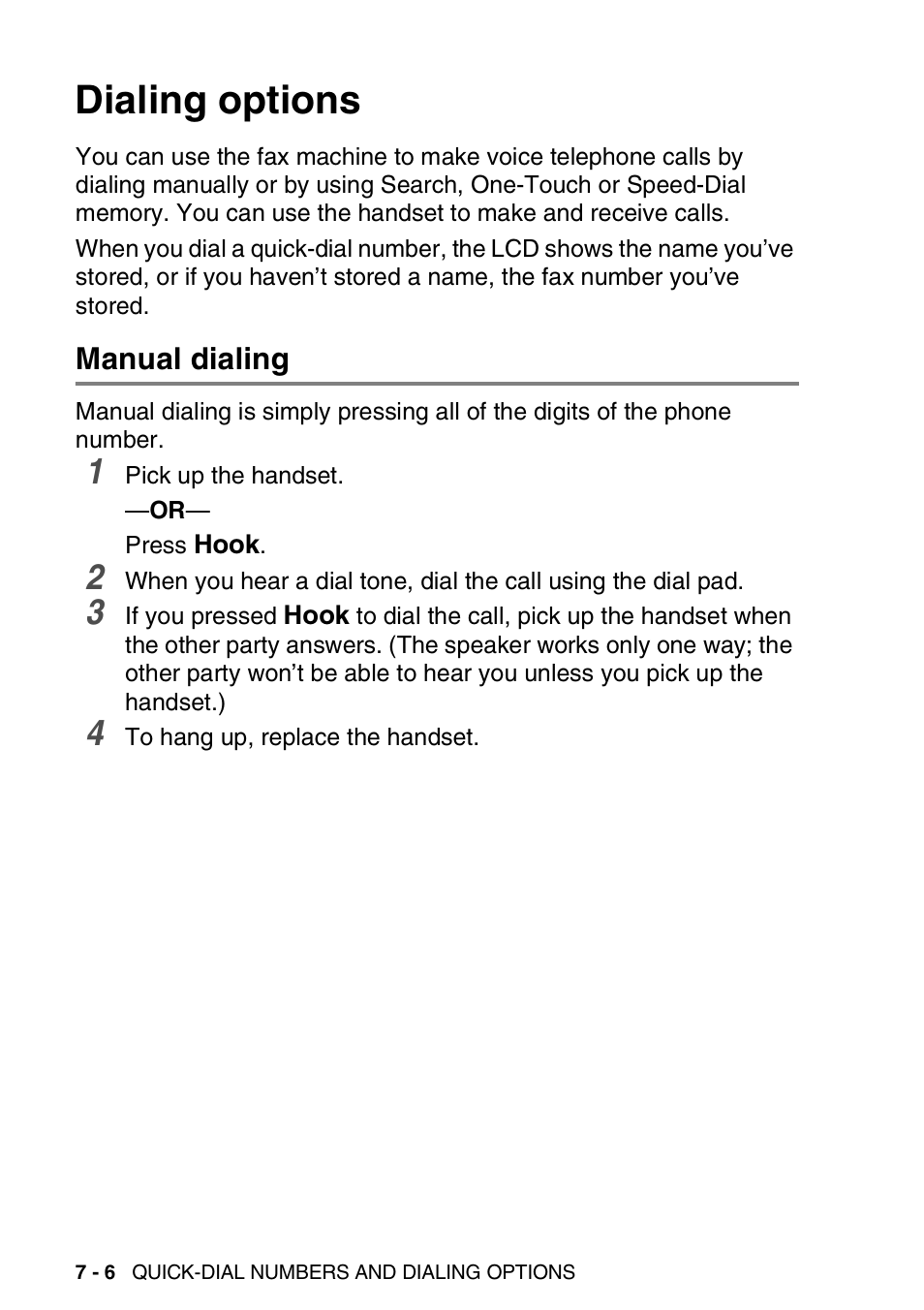 Dialing options, Manual dialing, Dialing options -6 | Manual dialing -6 | Brother FAX-565 User Manual | Page 96 / 148