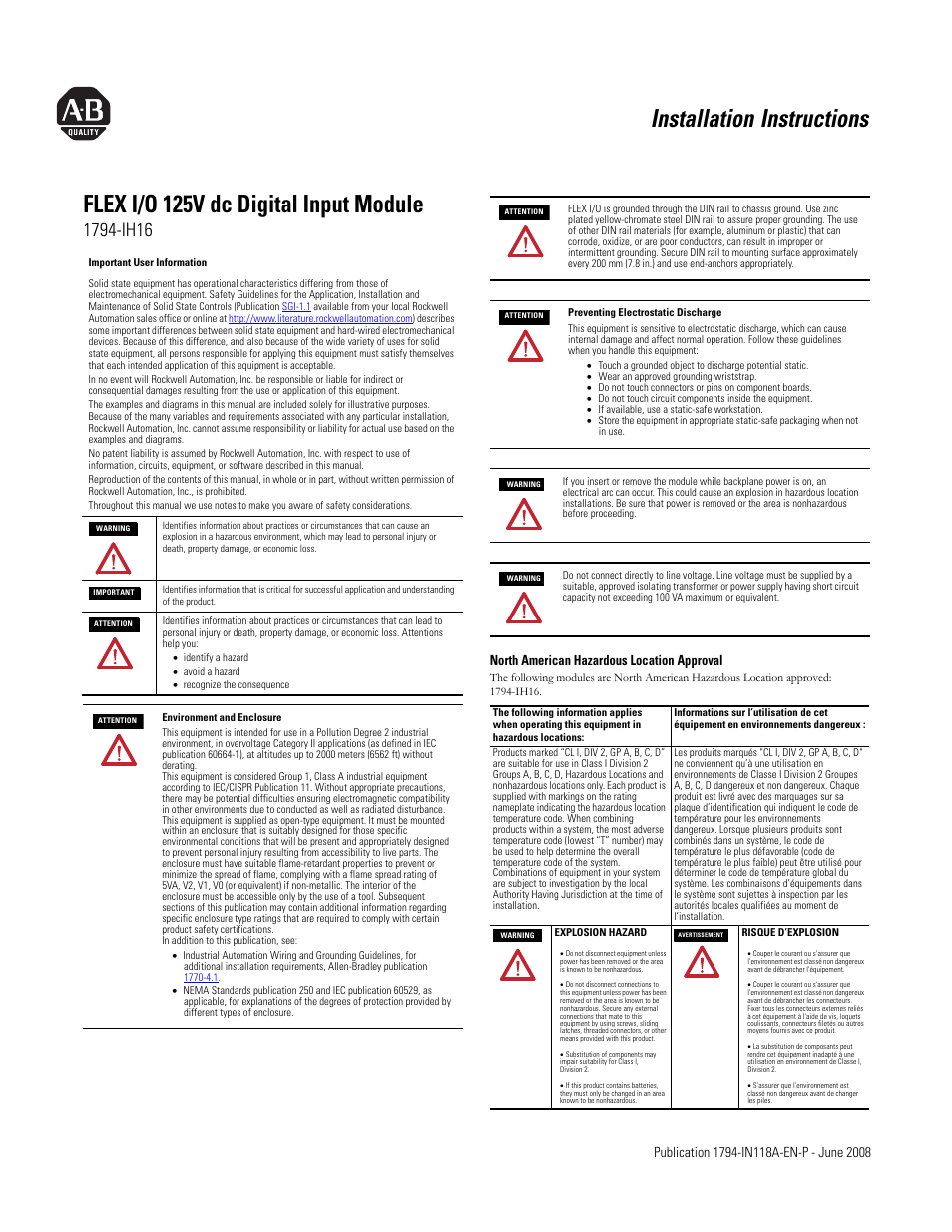 Rockwell Automation 1794-IH16 FLEX I/O 125V dc Digital Input Module User Manual | 4 pages
