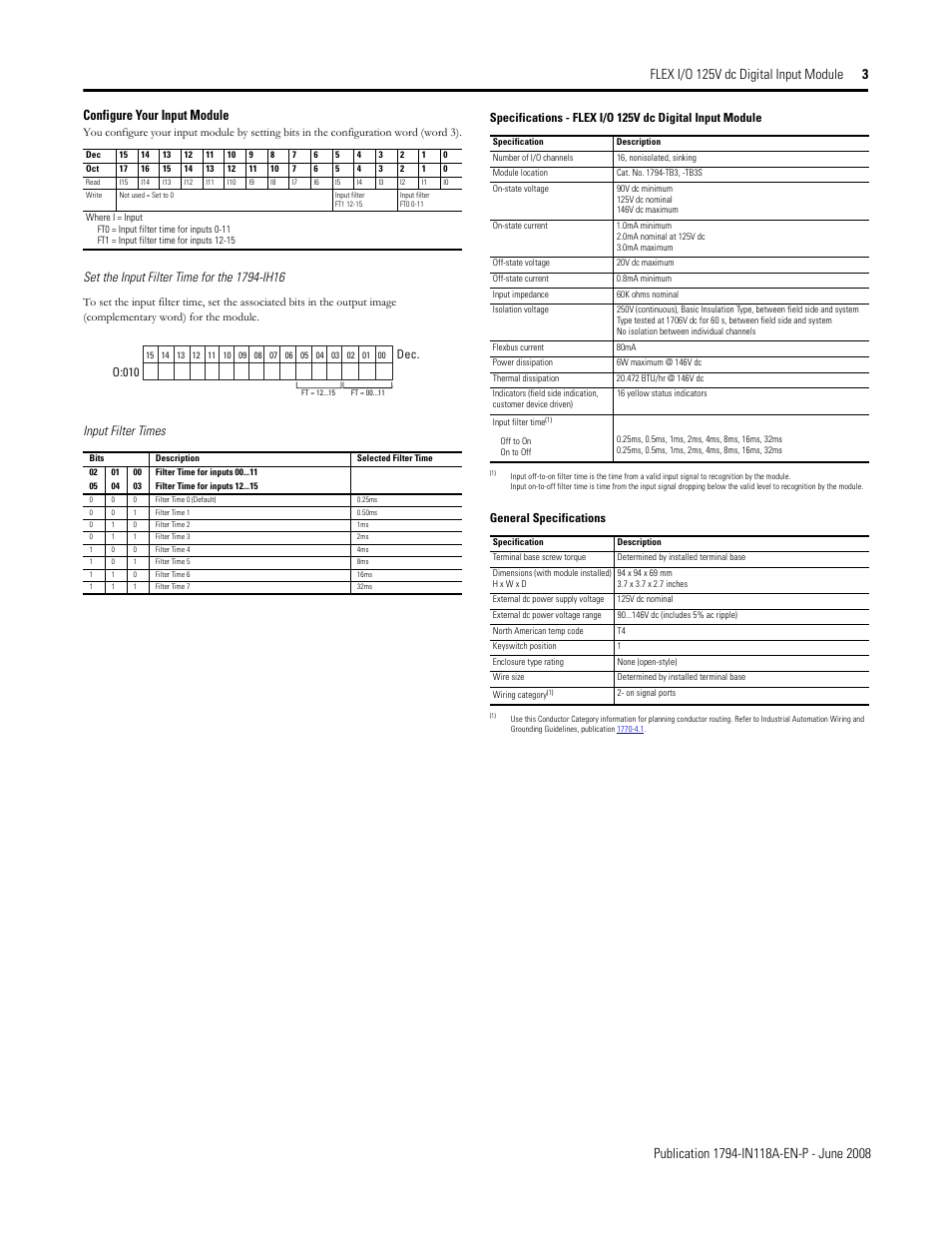 Configure your input module, Specifications, Input filter times | O:010, General specifications | Rockwell Automation 1794-IH16 FLEX I/O 125V dc Digital Input Module User Manual | Page 3 / 4
