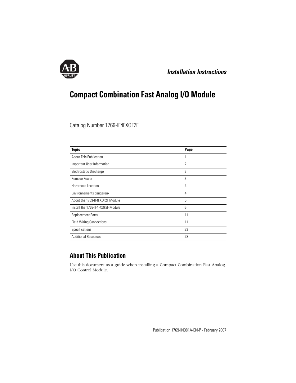 Rockwell Automation 1769-IF4FXOF2F Compact Combination Fast Analog I/O Module User Manual | 28 pages