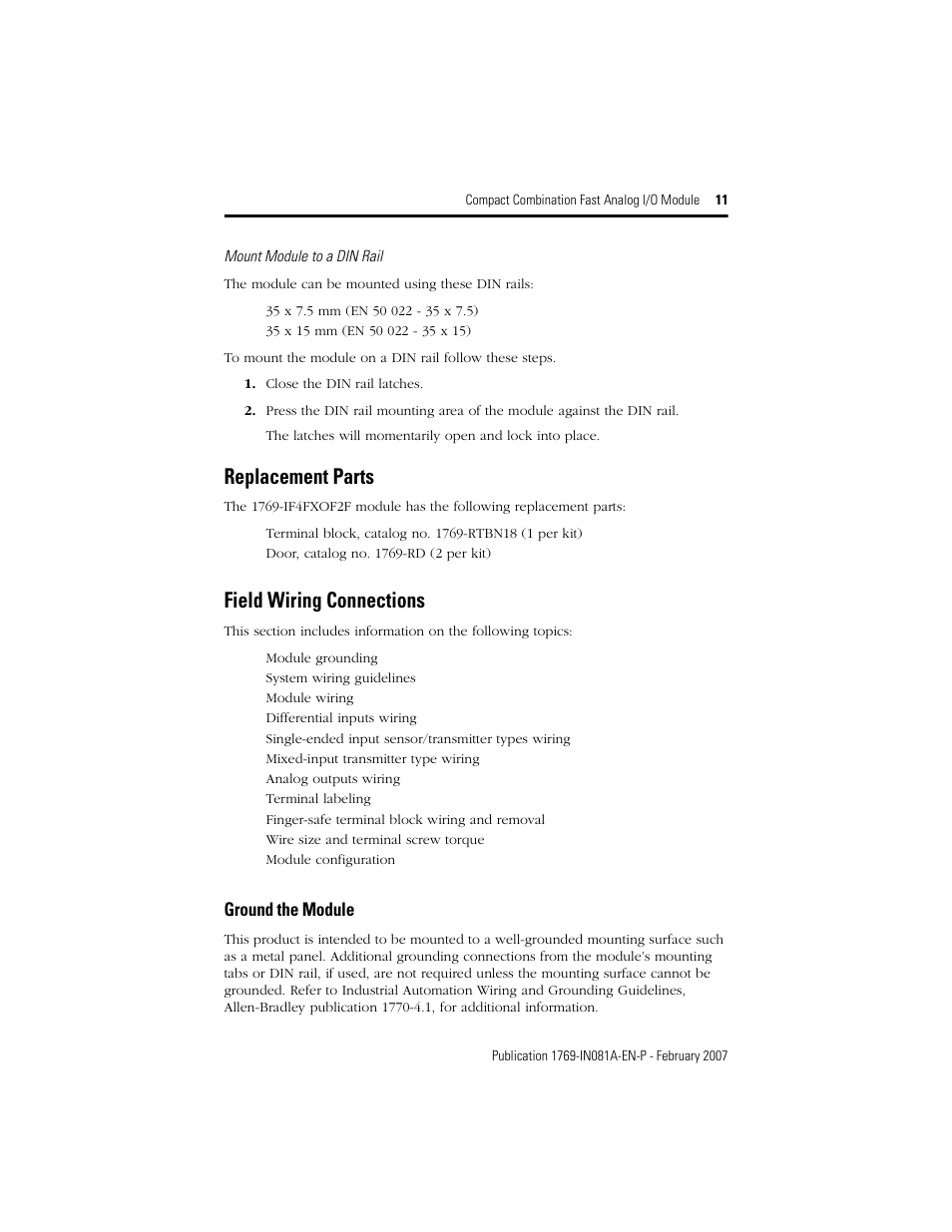Replacement parts, Field wiring connections, Ground the module | Rockwell Automation 1769-IF4FXOF2F Compact Combination Fast Analog I/O Module User Manual | Page 11 / 28