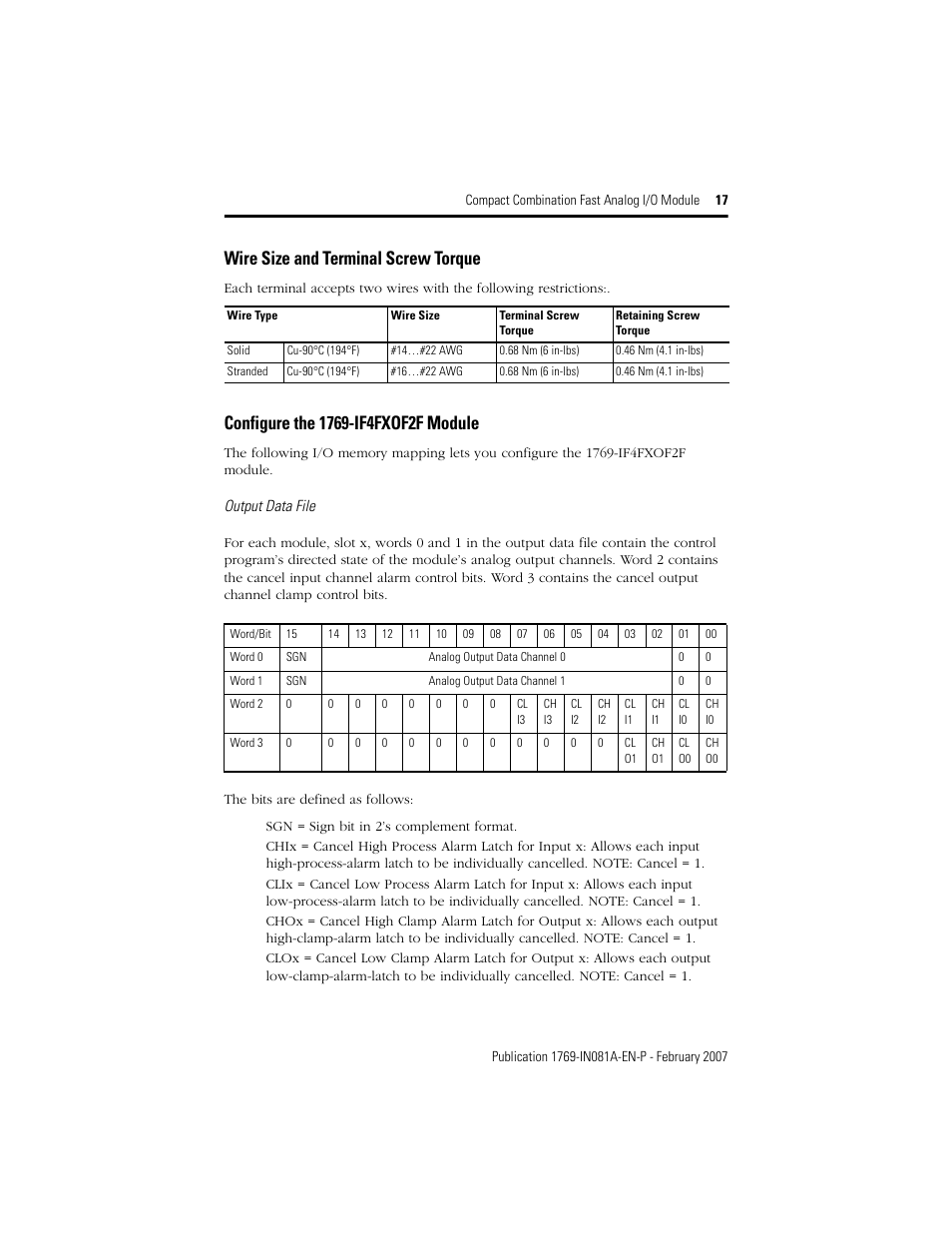 Wire size and terminal screw torque, Configure the 1769-if4fxof2f module | Rockwell Automation 1769-IF4FXOF2F Compact Combination Fast Analog I/O Module User Manual | Page 17 / 28