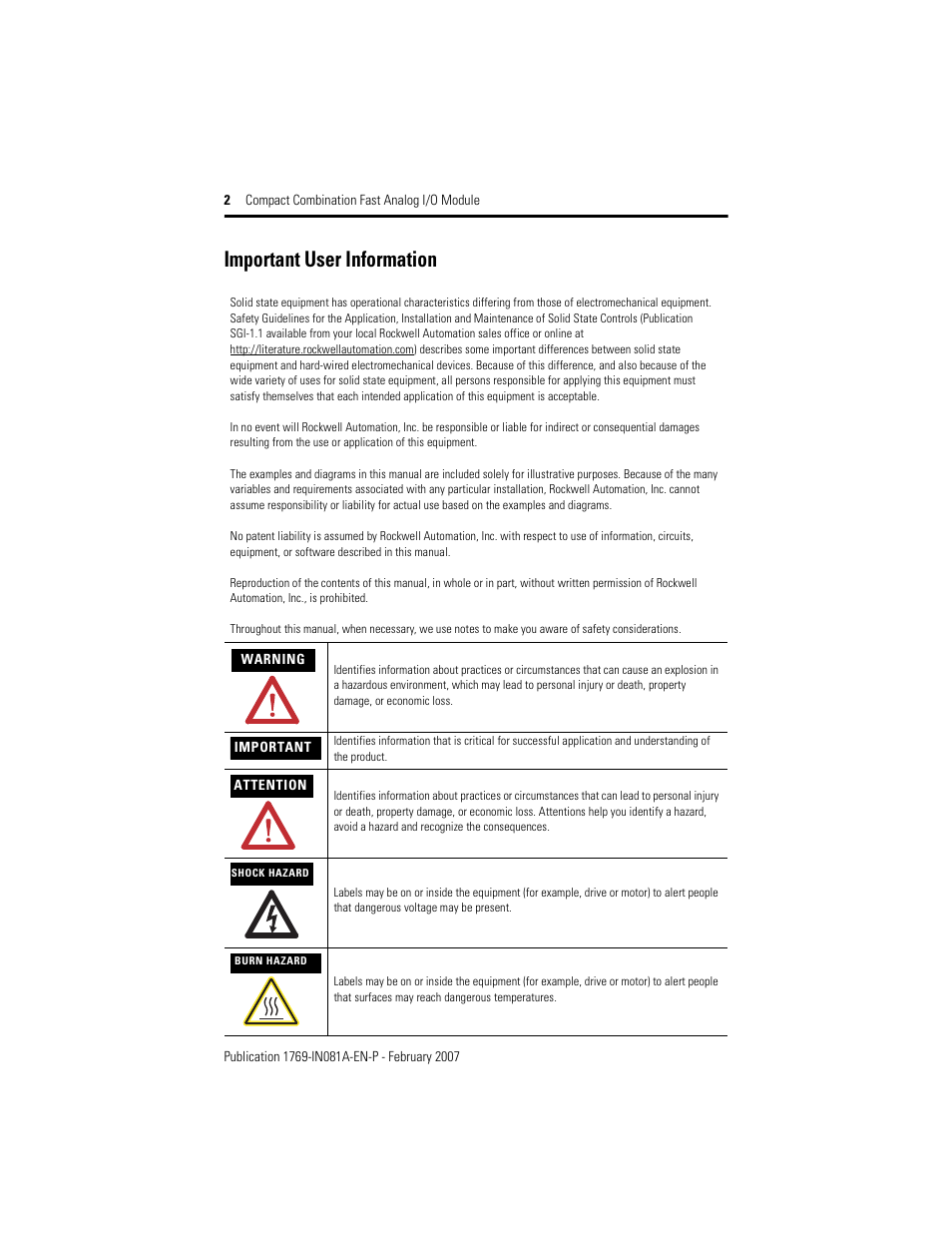 Important user information | Rockwell Automation 1769-IF4FXOF2F Compact Combination Fast Analog I/O Module User Manual | Page 2 / 28