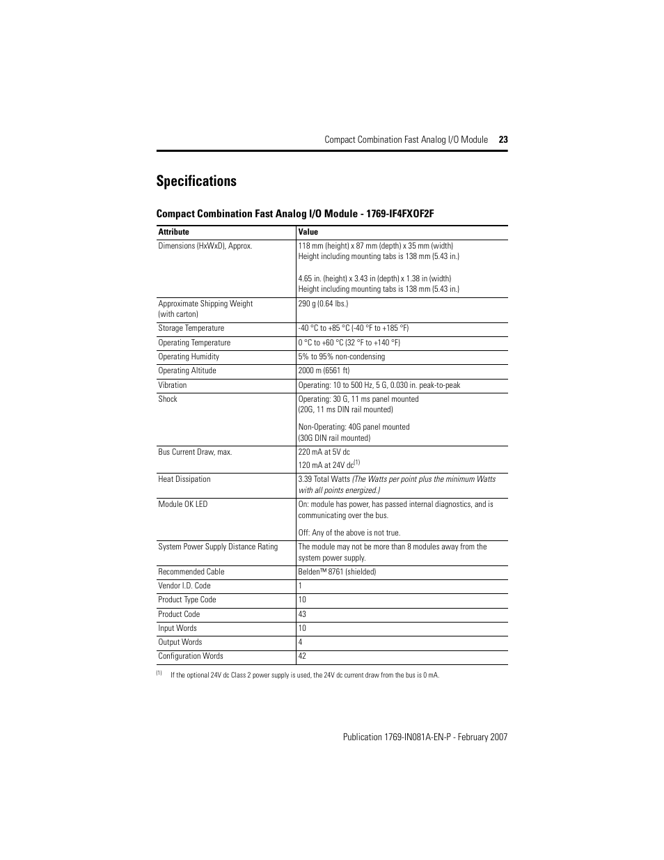 Specifications | Rockwell Automation 1769-IF4FXOF2F Compact Combination Fast Analog I/O Module User Manual | Page 23 / 28