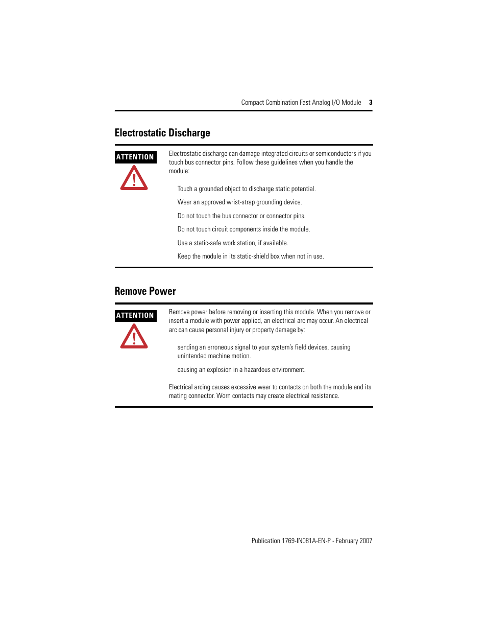 Electrostatic discharge, Remove power, Electrostatic discharge remove power | Rockwell Automation 1769-IF4FXOF2F Compact Combination Fast Analog I/O Module User Manual | Page 3 / 28