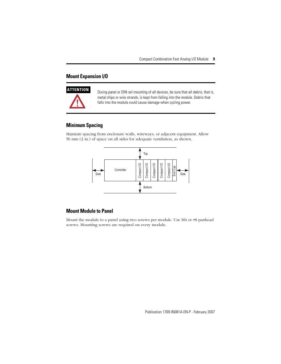 Mount expansion i/o, Minimum spacing, Mount module to panel | Mount expansion i/o minimum spacing | Rockwell Automation 1769-IF4FXOF2F Compact Combination Fast Analog I/O Module User Manual | Page 9 / 28