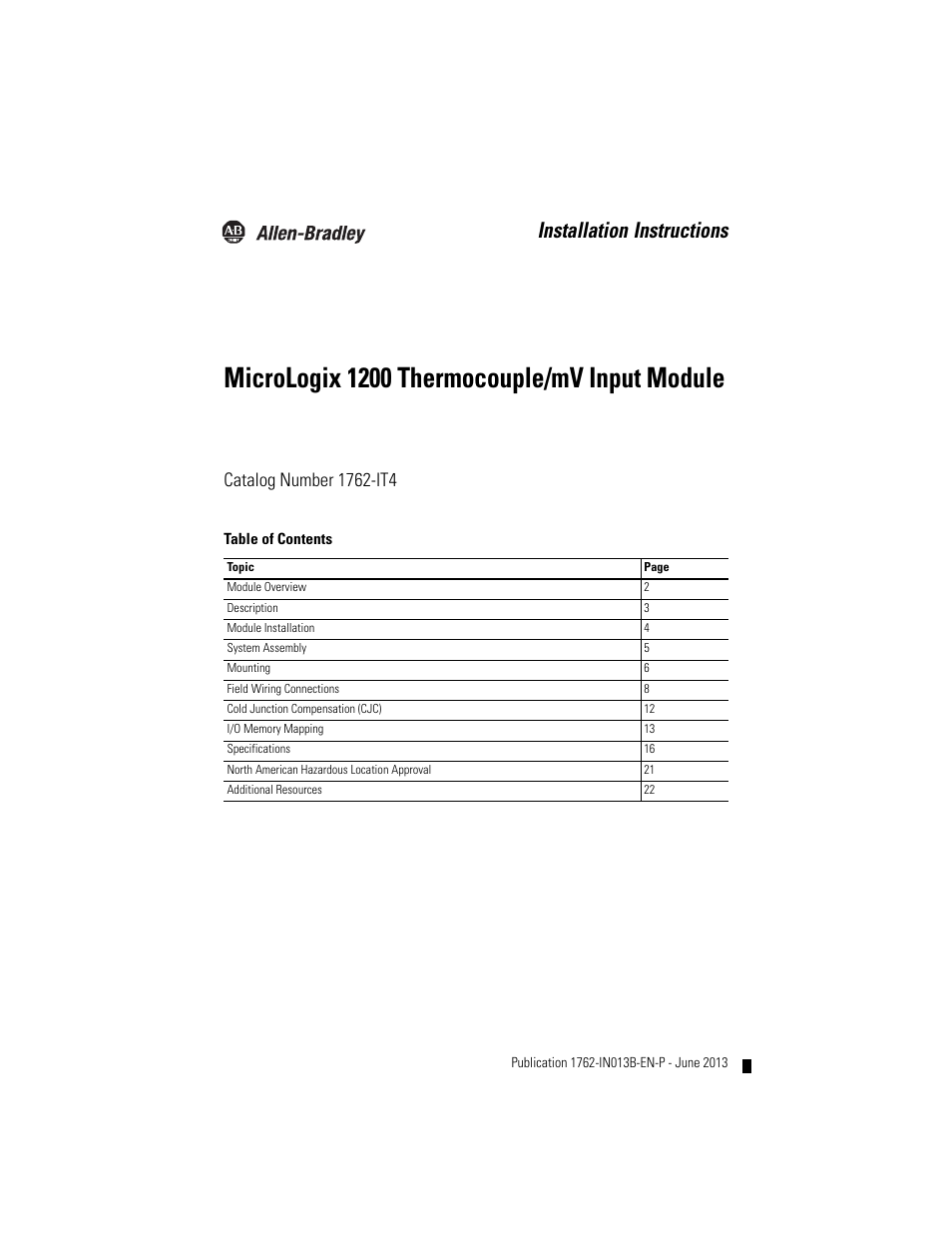 Rockwell Automation 1762-IT4 Thermocouple/mV Input Module User Manual | 24 pages