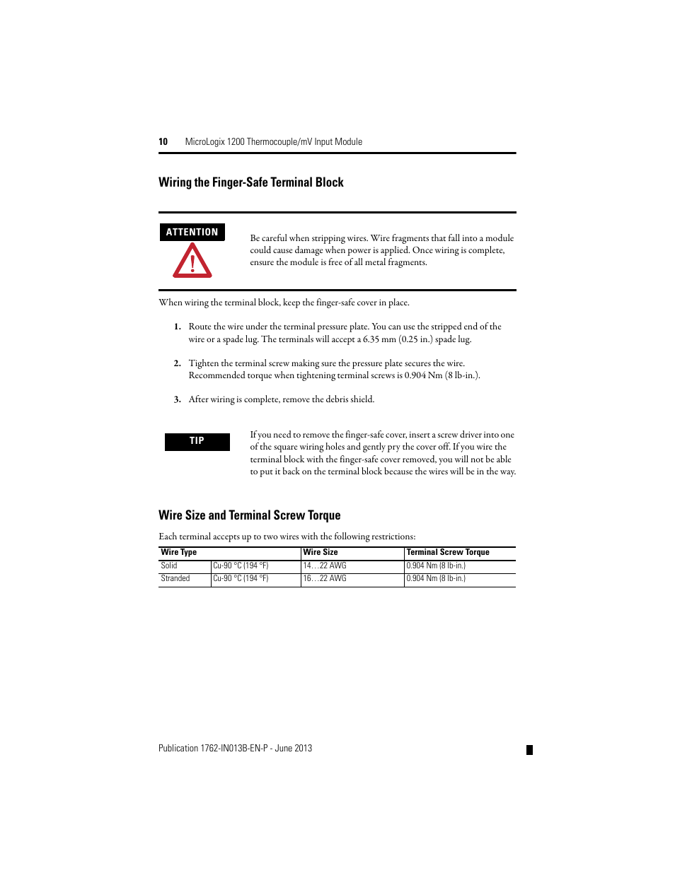 Wiring the finger-safe terminal block, Wire size and terminal screw torque | Rockwell Automation 1762-IT4 Thermocouple/mV Input Module User Manual | Page 10 / 24