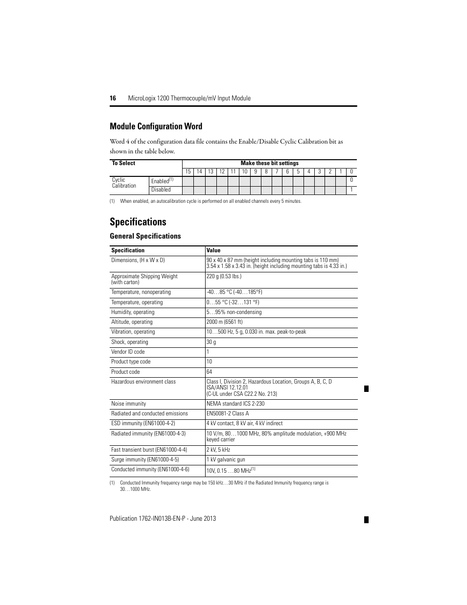 Specifications, Module configuration word | Rockwell Automation 1762-IT4 Thermocouple/mV Input Module User Manual | Page 16 / 24