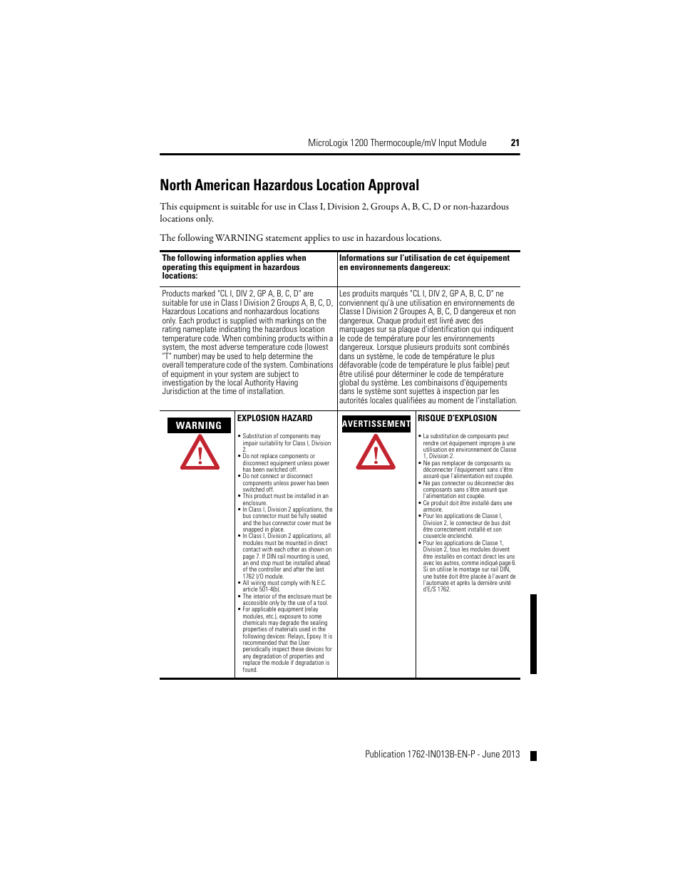 North american hazardous location approval, Warning | Rockwell Automation 1762-IT4 Thermocouple/mV Input Module User Manual | Page 21 / 24