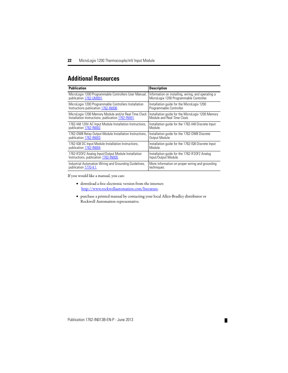 Additional resources | Rockwell Automation 1762-IT4 Thermocouple/mV Input Module User Manual | Page 22 / 24