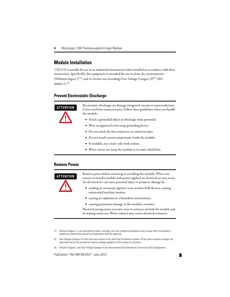 Module installation, Prevent electrostatic discharge remove power | Rockwell Automation 1762-IT4 Thermocouple/mV Input Module User Manual | Page 4 / 24