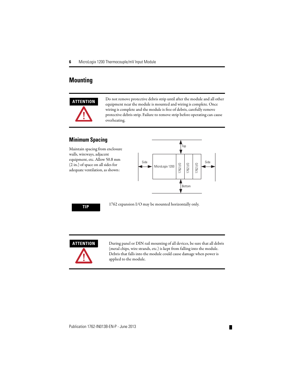 Mounting, Minimum spacing | Rockwell Automation 1762-IT4 Thermocouple/mV Input Module User Manual | Page 6 / 24