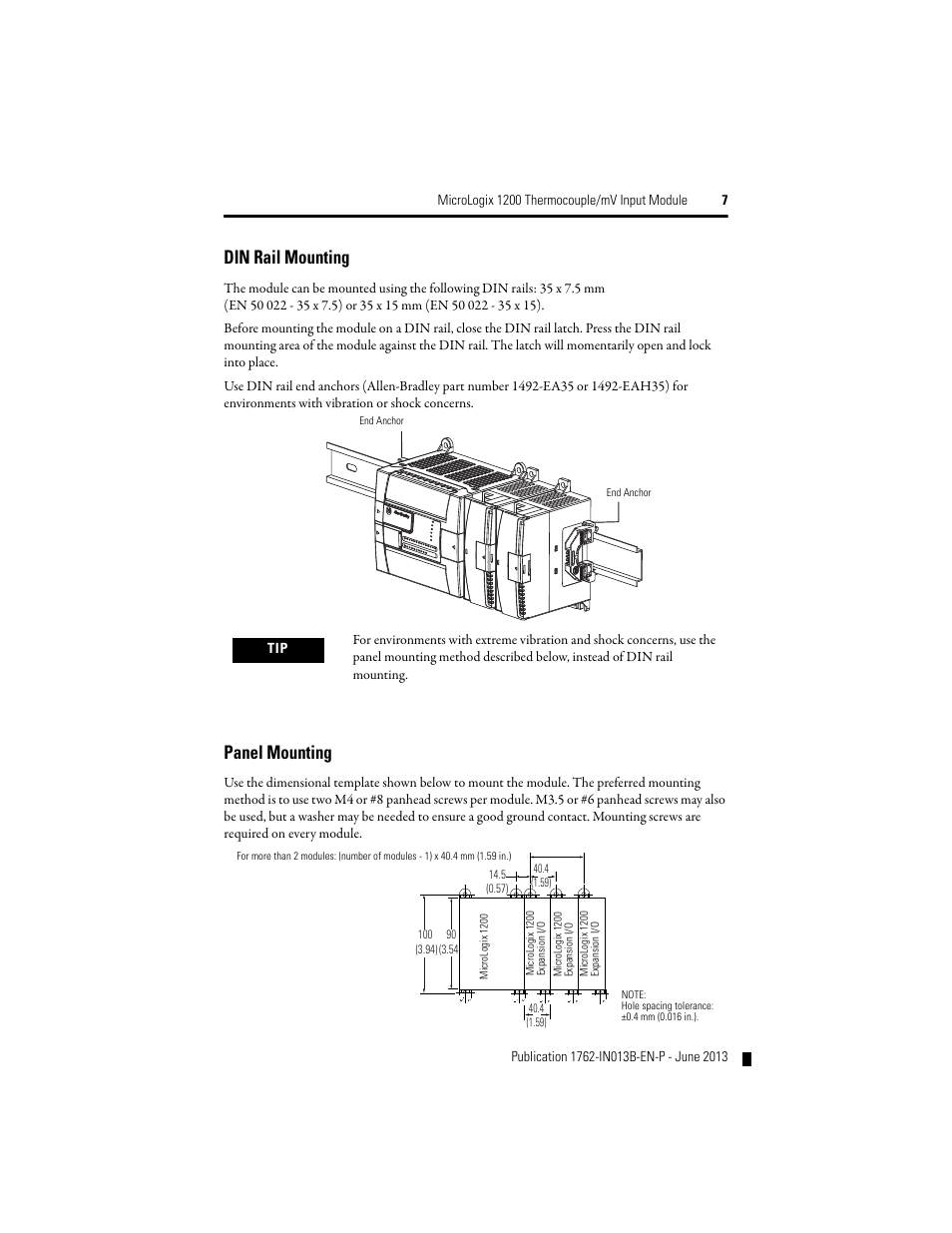 Din rail mounting, Panel mounting | Rockwell Automation 1762-IT4 Thermocouple/mV Input Module User Manual | Page 7 / 24