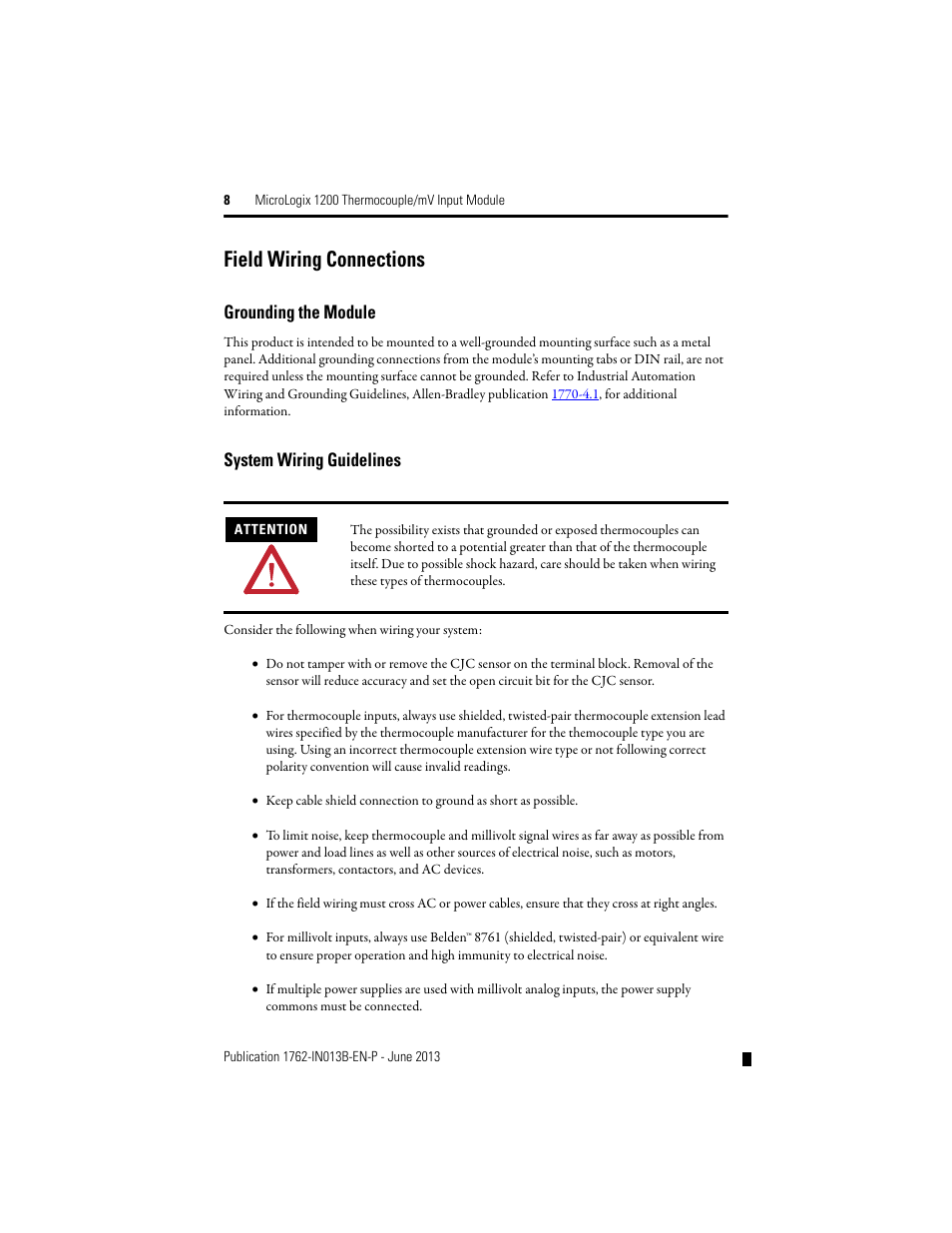 Field wiring connections | Rockwell Automation 1762-IT4 Thermocouple/mV Input Module User Manual | Page 8 / 24