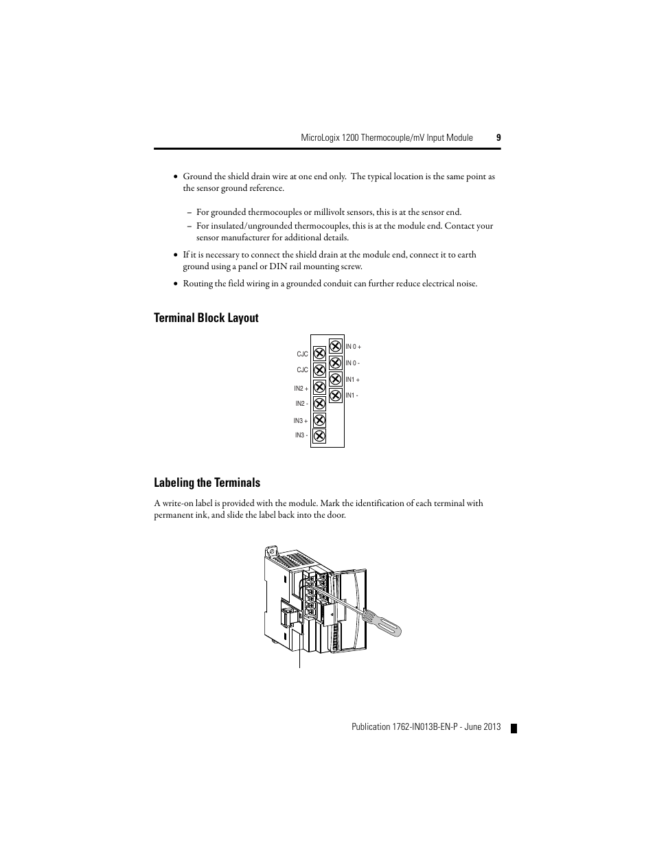 Terminal block layout labeling the terminals | Rockwell Automation 1762-IT4 Thermocouple/mV Input Module User Manual | Page 9 / 24