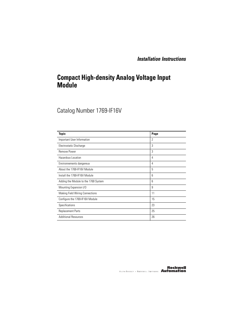 Rockwell Automation 1769-IF16V Compact High Density Analog Voltage Input Module User Manual | 28 pages