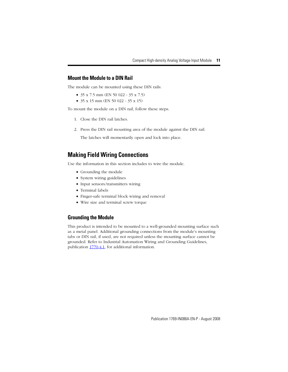 Making field wiring connections, Mount the module to a din rail, Grounding the module | Rockwell Automation 1769-IF16V Compact High Density Analog Voltage Input Module User Manual | Page 11 / 28