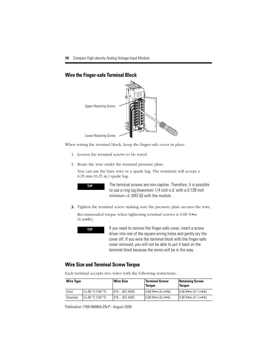 Wire the finger-safe terminal block, Wire size and terminal screw torque | Rockwell Automation 1769-IF16V Compact High Density Analog Voltage Input Module User Manual | Page 14 / 28