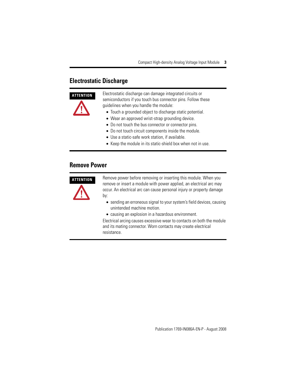 Electrostatic discharge, Remove power, Electrostatic discharge remove power | Rockwell Automation 1769-IF16V Compact High Density Analog Voltage Input Module User Manual | Page 3 / 28