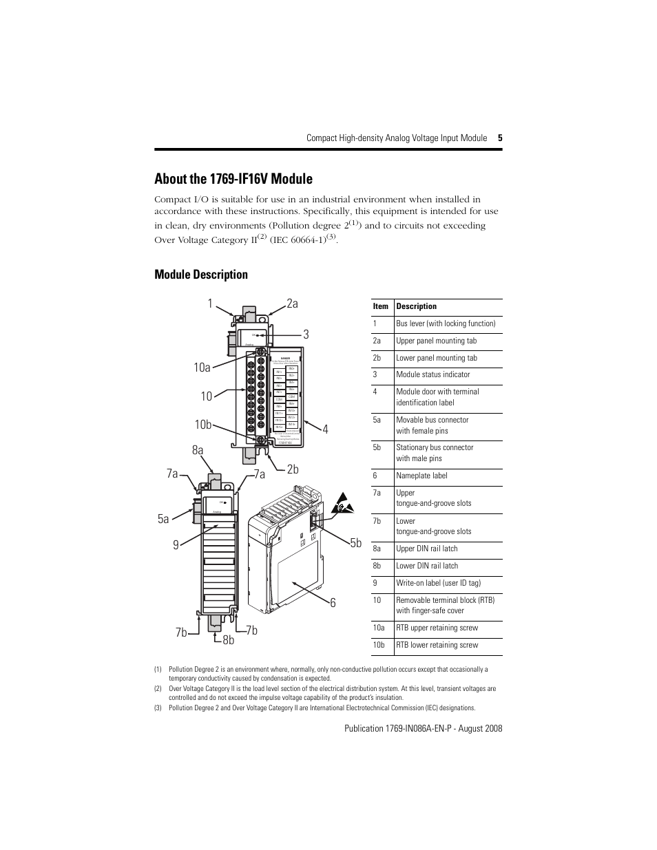 About the 1769-if16v module, Module description | Rockwell Automation 1769-IF16V Compact High Density Analog Voltage Input Module User Manual | Page 5 / 28