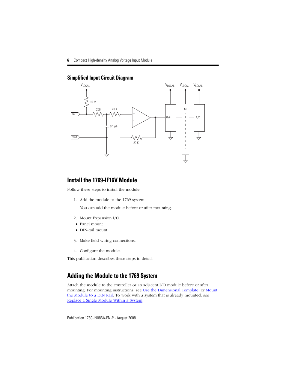 Install the 1769-if16v module, Adding the module to the 1769 system, Simplified input circuit diagram | Rockwell Automation 1769-IF16V Compact High Density Analog Voltage Input Module User Manual | Page 6 / 28