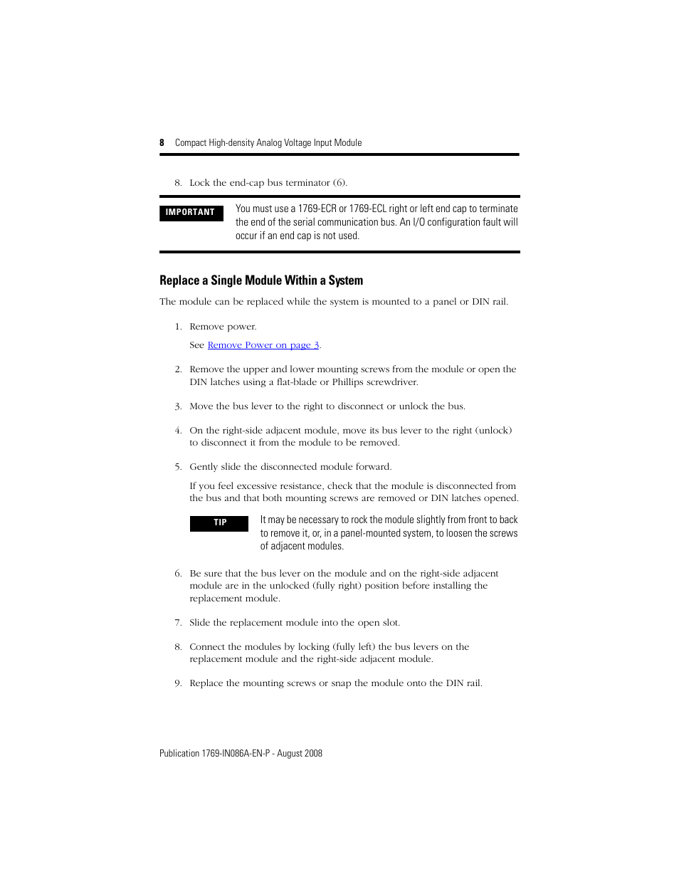Replace a single module within a system | Rockwell Automation 1769-IF16V Compact High Density Analog Voltage Input Module User Manual | Page 8 / 28