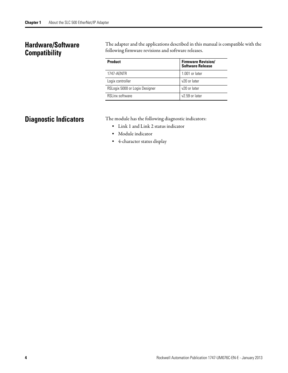 Hardware/software compatibility, Diagnostic indicators | Rockwell Automation 1747-AENTR SLC 500 EtherNet/IP Adapter User Manual User Manual | Page 10 / 84
