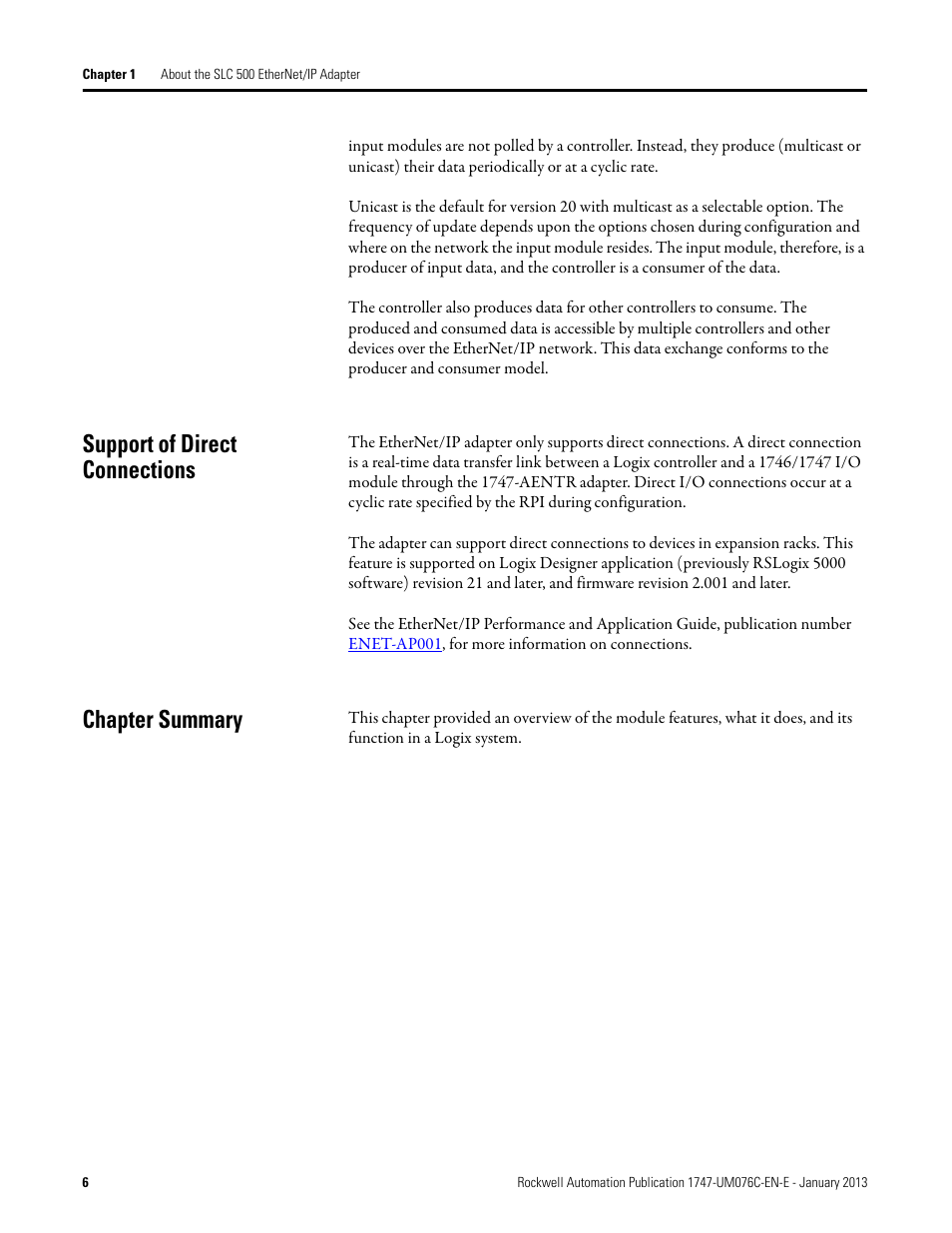 Support of direct connections chapter summary, Support of direct connections, Chapter summary | Rockwell Automation 1747-AENTR SLC 500 EtherNet/IP Adapter User Manual User Manual | Page 12 / 84