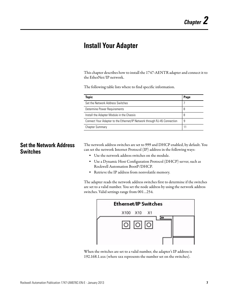 2 - install your adapter, Install your adapter, Chapter 2 | Set the network address switches, Chapter | Rockwell Automation 1747-AENTR SLC 500 EtherNet/IP Adapter User Manual User Manual | Page 13 / 84