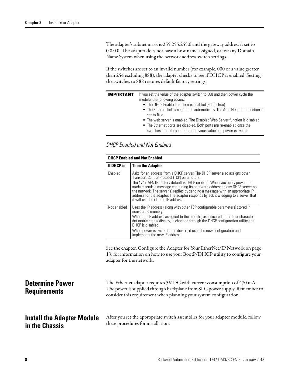 Dhcp enabled and not enabled, Determine power requirements, Install the adapter module in the chassis | Rockwell Automation 1747-AENTR SLC 500 EtherNet/IP Adapter User Manual User Manual | Page 14 / 84